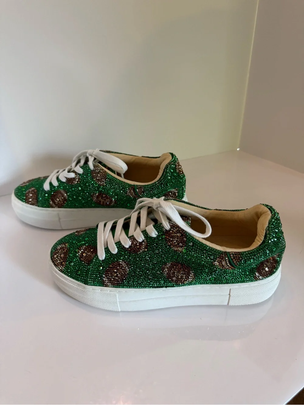 Betsey Johnson Green Crystal Football-Print Platform Sneakers